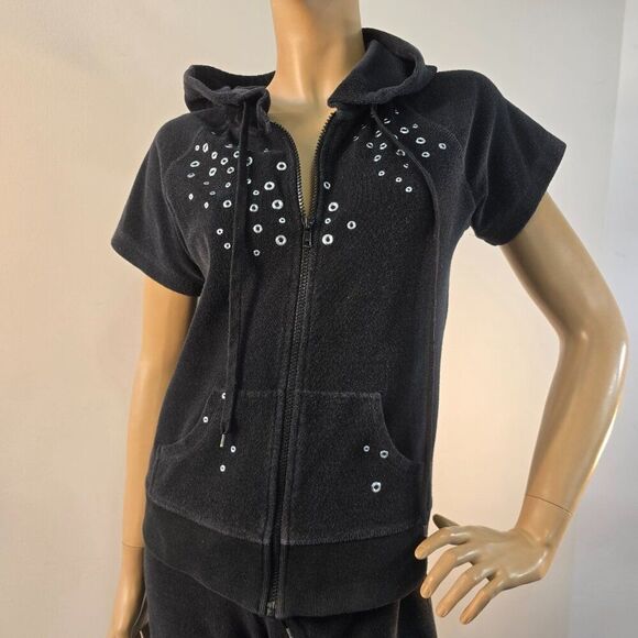 Vishal Black Track Jogging Suit Zip Up Hoodie With Cropped Pants Womens Sz M - Picture 6 of 11